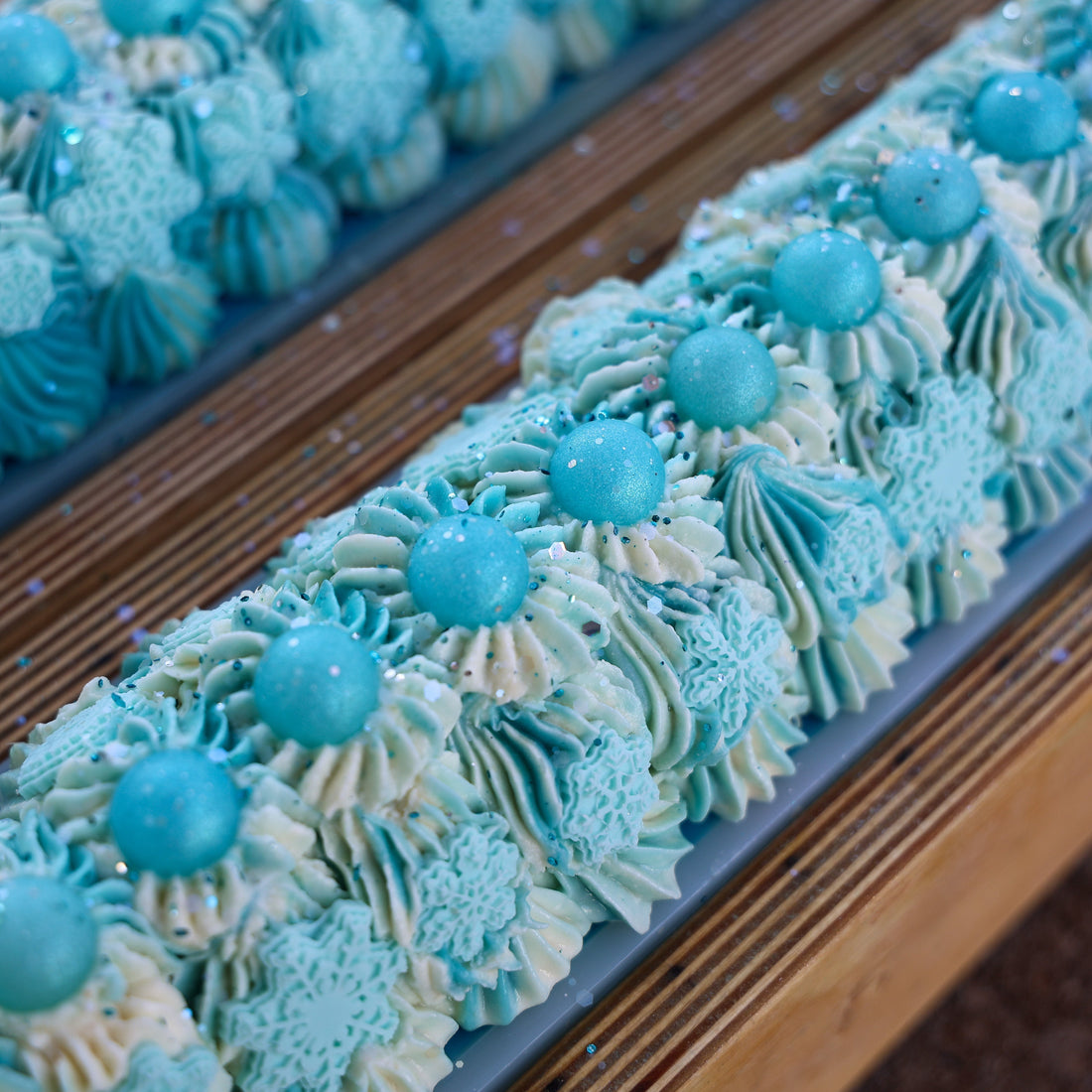blue and white frosted soap with snowflake embeds