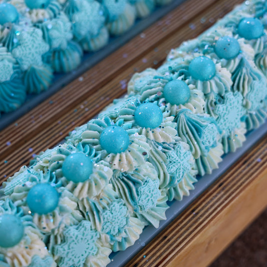 blue and white frosted soap with snowflake embeds